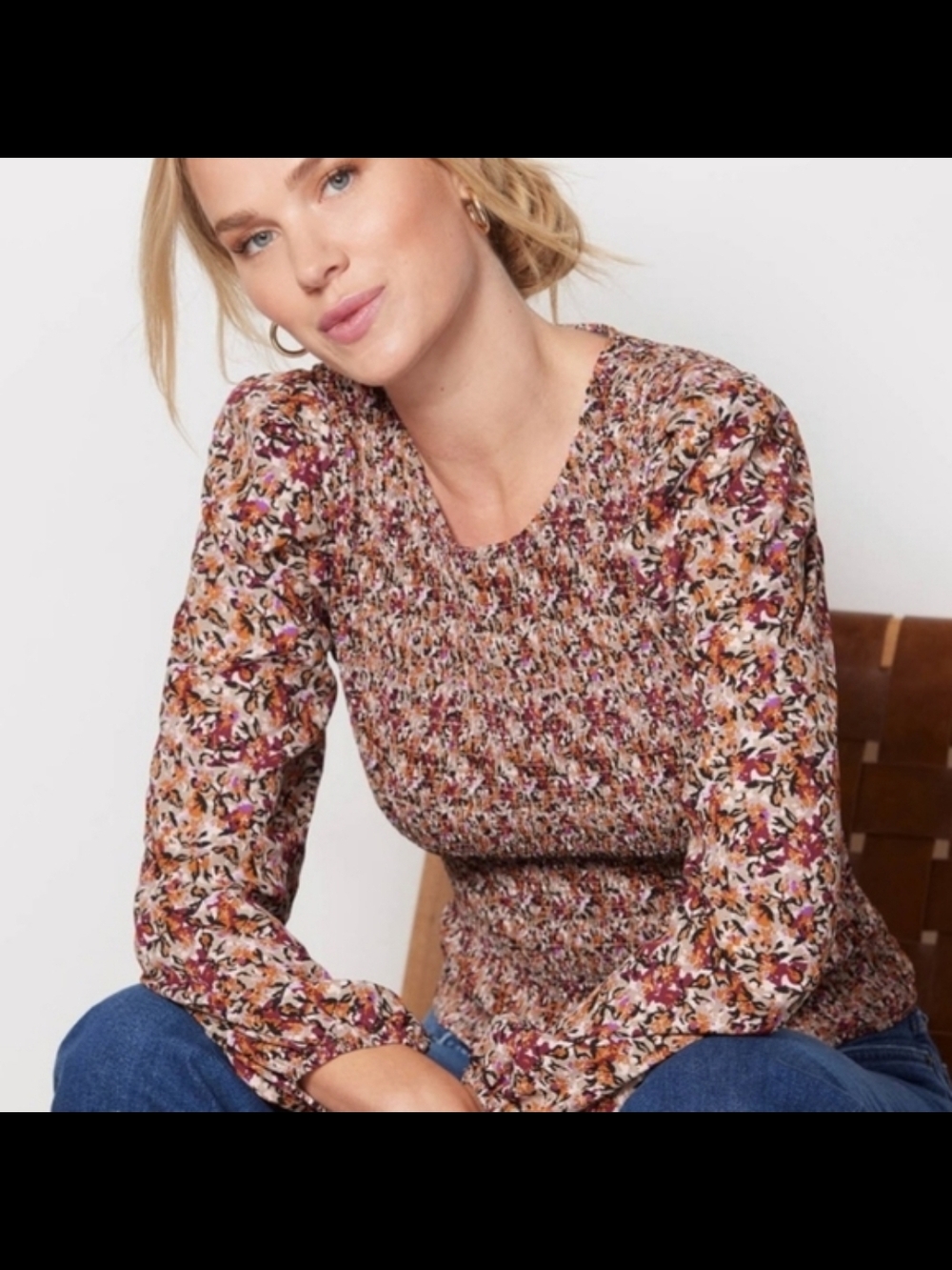 Evereve Floral Smocked Bodice Long Sleeve Top in Rust and Cream